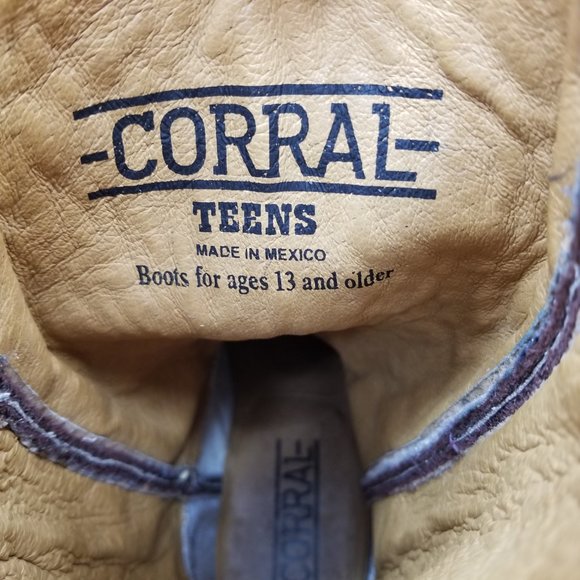 Teens Corral Brown Leather Embroidered Snip Toe Western Cowgirl Boots Size 4.5 T - Picture 10 of 10